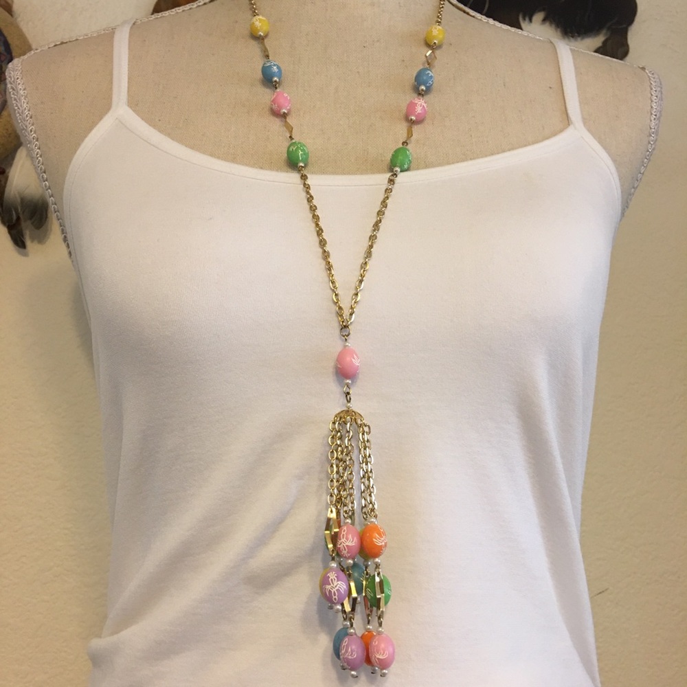 Vintage 70s colorful etched egg gold tone necklace
